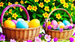 Easter 2025 - A basket of coloured eggs with flowers scene.